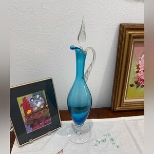 Empoli Glass Decanter Blue Wave Italy Stopper Vintage Mid Century Modern